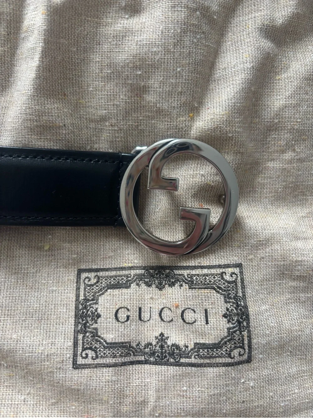 Gucci Blondie Black Leather Belt with Silver Interlocking G Buckle $495 size 90